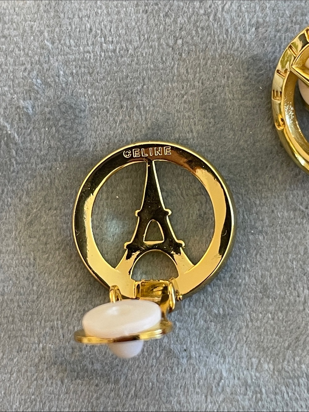Celine Gold-tone Eiffel Tower Clip-On Earrings with Cream Accents - Picture 5 of 6